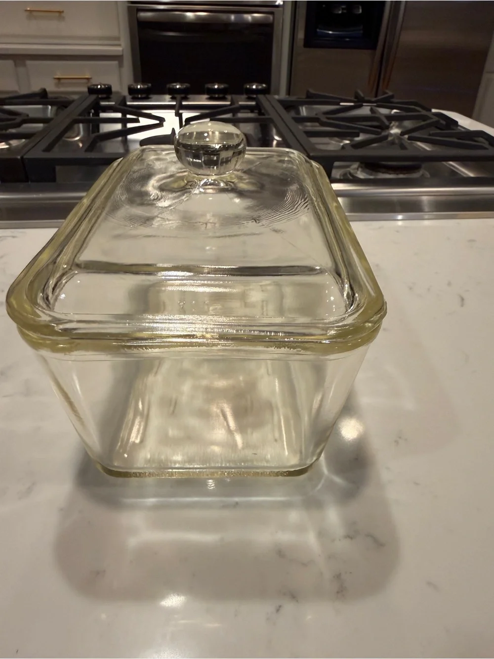 Vintage Glasbake 805 Clear Glass Refrigerator Dish w Lid 1.5 Qt 1940s